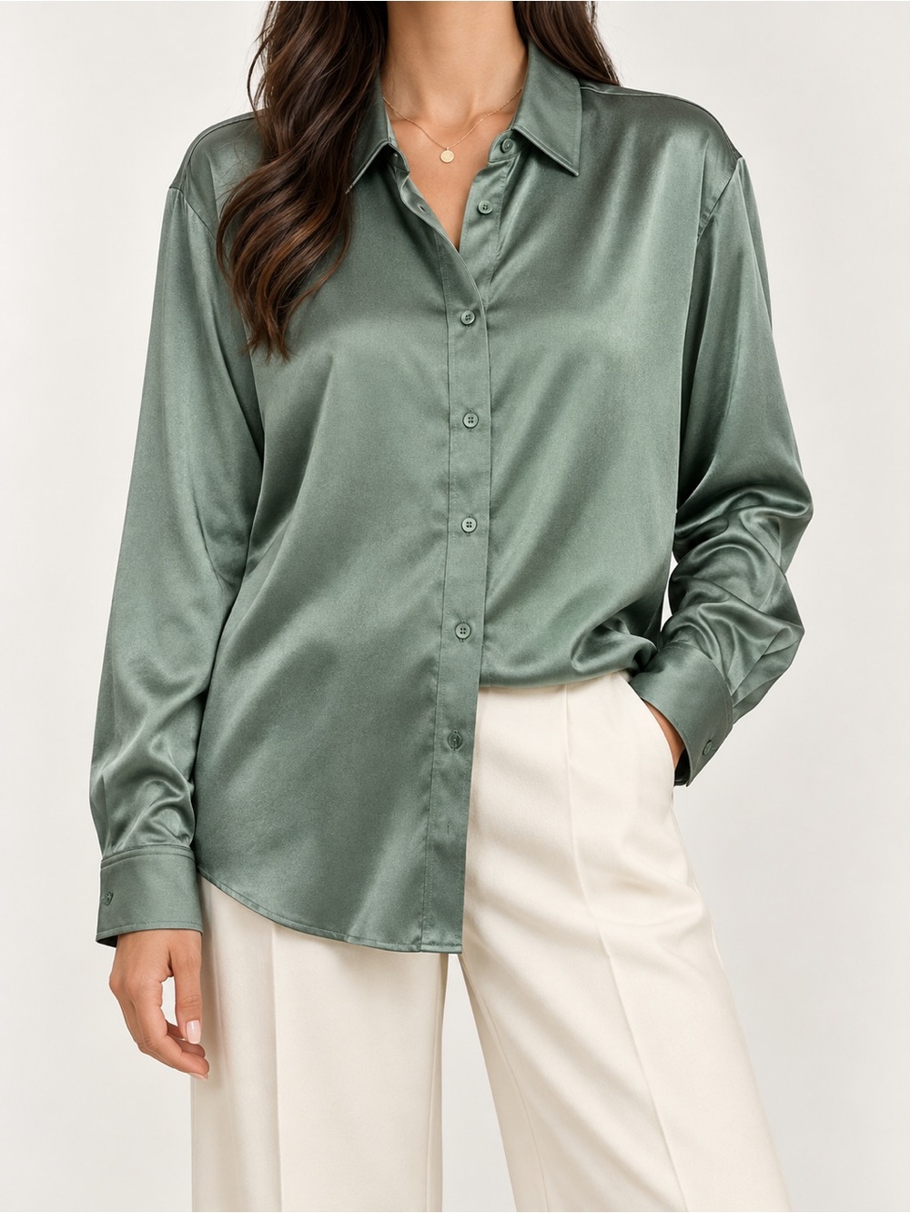 Lauren Ralph Lauren Satin Button-Down Blouse in Dusty Green
